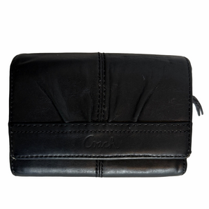 Vintage Coach Black Leather Pleated Compact Wallet Y2K Coin Zipper Blue Lining